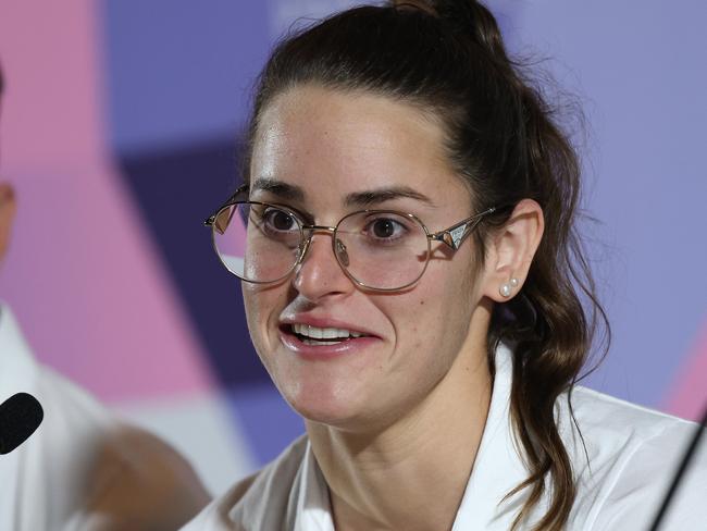 NCA. PARIS FRANCE 2024 OLYMPIC GAMES. August 5- Day 10Members of the Australian swim team including Head Coach Rohan Taylor, Kyle Chalmers, Kaylee McKeown, Emma McKeon and Elijah Winnington attend a press conference at the MPC in Paris. Picture: Adam Head