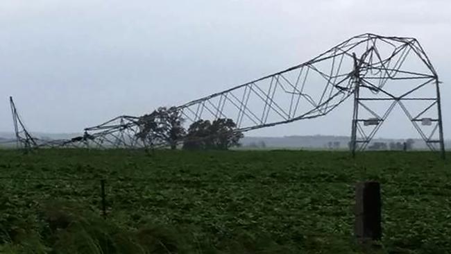 One of the transmission towers toppled by high winds near Melrose in South Australia September Picture: Debbie Prosser