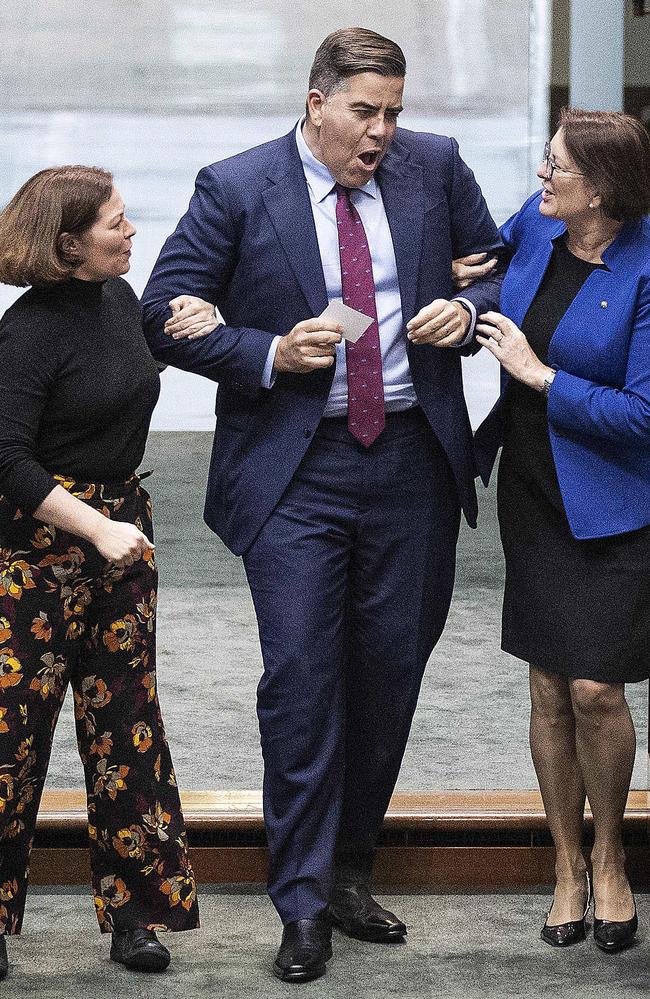 New Speaker Milton Dick being dragged to the chair by Susan Templeman and Lisa Chesters. Picture: NCA NewsWire / Gary Ramage