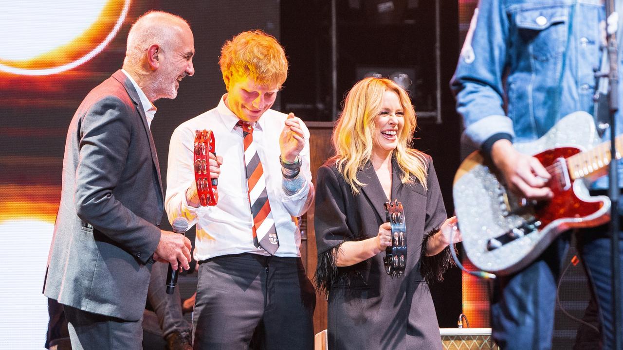 Paul Kelly, Ed Sheeran and Kylie Minogue at Michael Gudinski’s memorial. Picture: Mushroom