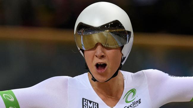 Australia's Melissa Hoskins celebrating after winning with teammates the UCI Track Cycling World Championships in 2015. Picture: Loic VENANCE / AFP