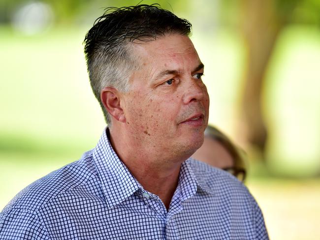 MP Aaron Harper speaks to media in Townsville. Picture: Alix Sweeney