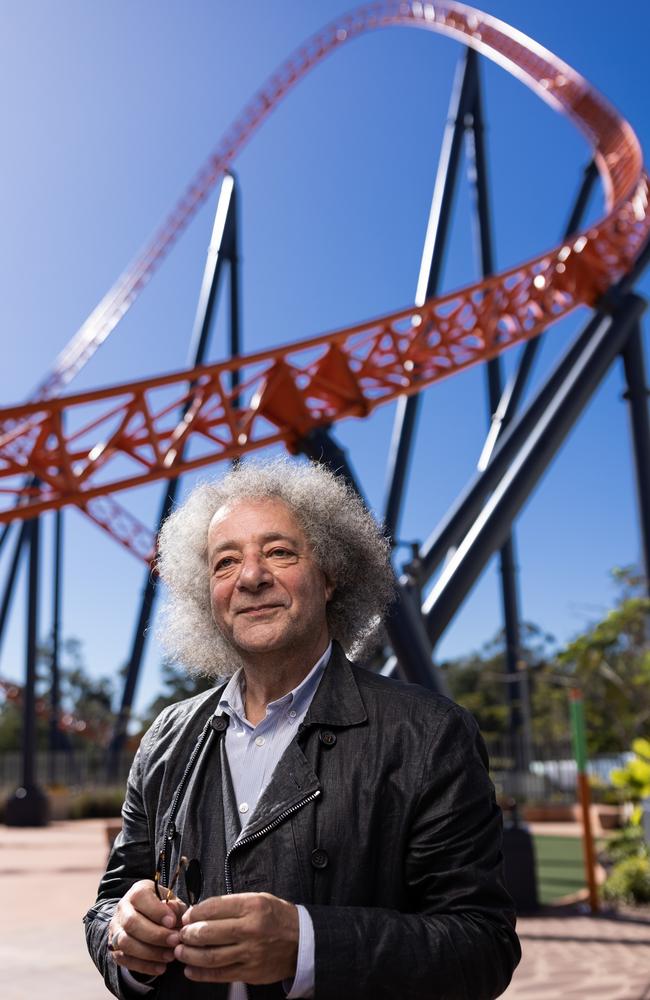 Dr Gary Weiss, chairman of Dreamworld’s parent company, Ardent Leisure, at the Gold Coast theme park’s new rollercoaster, the Steel Taipan. Picture: David Kelly