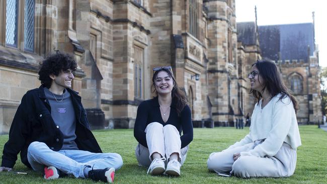 International students, from left, Vaastav Varma, Tamara Bruers and Aashna Kotwani at Sydney University last year. Picture: Nikki Short