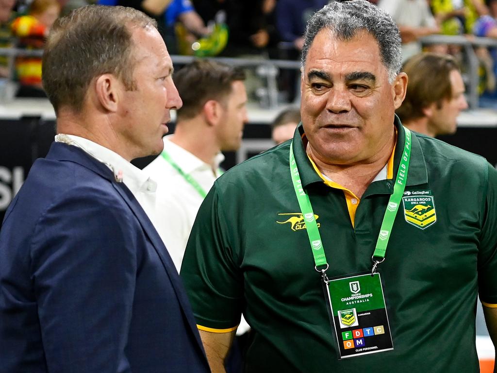 Mal Meninga, pictured talking to Darren Lockyer, is the subject of a strong push to take over at Souths. Picture: Ian Hitchcock/Getty Images