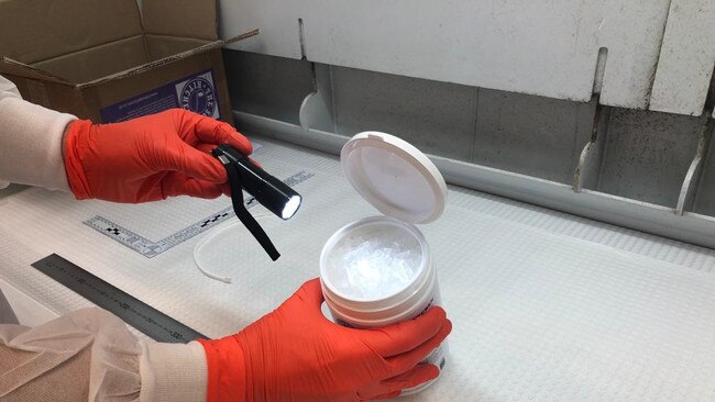 Drug dealers are attempting to stash the drug ice in seemingly innocuous products from baby products to car parts. Here drugs were found smuggled in tubs labelled as a beauty product. Picture: ABF