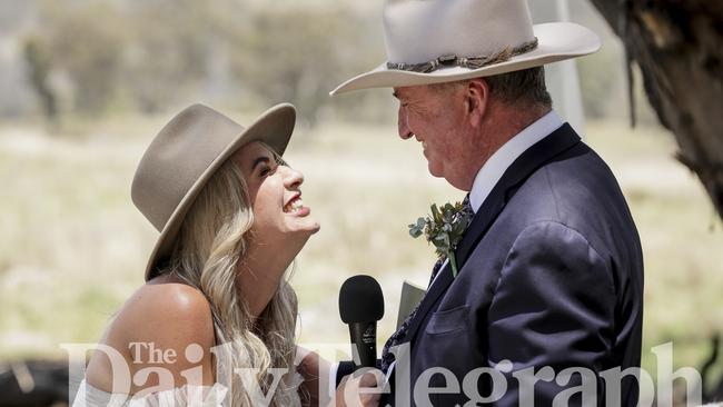 Former Nationals leader Barnaby Joyce and ex-staffer Vikki Campion pictured at their “bush bash” wedding. Picture: Salty Dingo