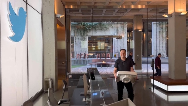 Elon Musk walked into Twitter headquarters with a kitchen sink shortly before buying the company for $US44 billion in 2022. Picture: Elon Musk/AFP/Getty Images