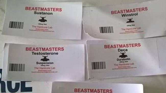Branded labels for performance enhancing drugs allegedly found in the mail as part of the investigation. Picture: NSW Police