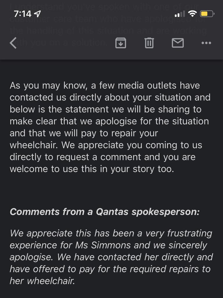 After the story went viral on social media and she reached out to the Qantas media team, they sang a very different tune. Picture: Supplied