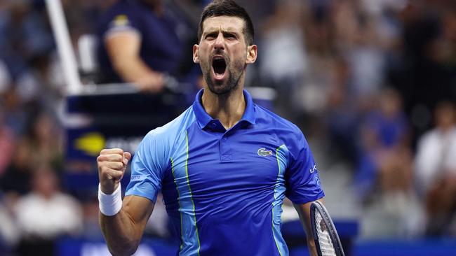 NEW YORK, NEW YORK - SEPTEMBER 10: Novak Djokovic of Serbia celebrates after a point against Daniil Medvedev of Russia during their Men's Singles Final match on Day Fourteen of the 2023 US Open at the USTA Billie Jean King National Tennis Center on September 10, 2023 in the Flushing neighborhood of the Queens borough of New York City.   Elsa/Getty Images/AFP (Photo by ELSA / GETTY IMAGES NORTH AMERICA / Getty Images via AFP)