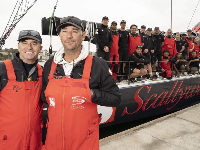 INNER WEST COURIER. Skipper David Witt with Grant Wharington (L) and the Scallywag supermaxi crew. Photographed today 11th December 2019 at Birkenhead Marina.  (AAP/Image Matthew Vasilescu)