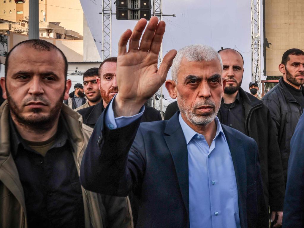 Yahia Sinwar, centre, the Gaza Strip chief of the Palestinian Islamist Hamas movement. Picture: AFP