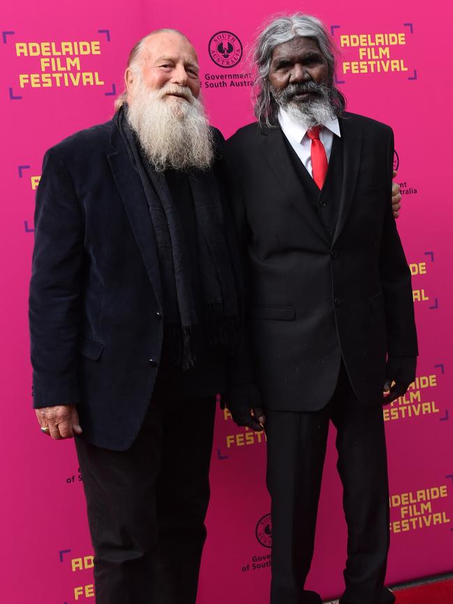 David Dalaithngu with fellow Australian acting legend Jack Thompson in Adelaide last year. Picture: Naomi Jellicoe