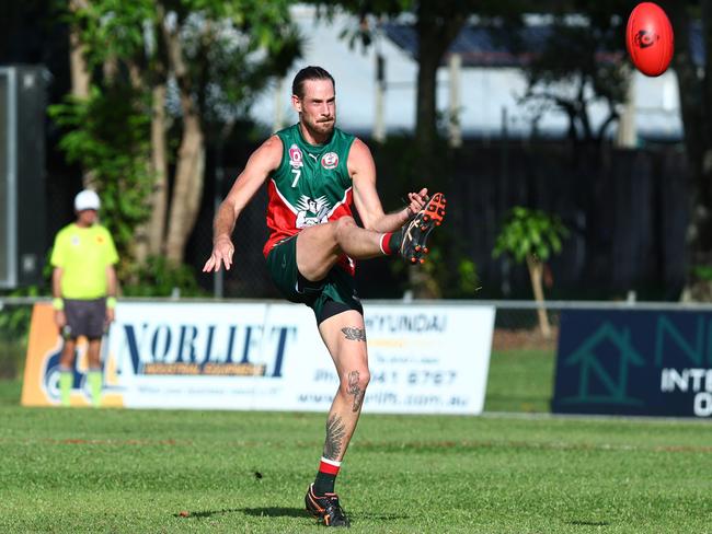 Cutters' Damien Hill kicks a goal in the AFL Cairns senior men's match between the South Cairns Cutters and the Port Douglas Crocs, held at Fretwell Park. Picture: Brendan Radke