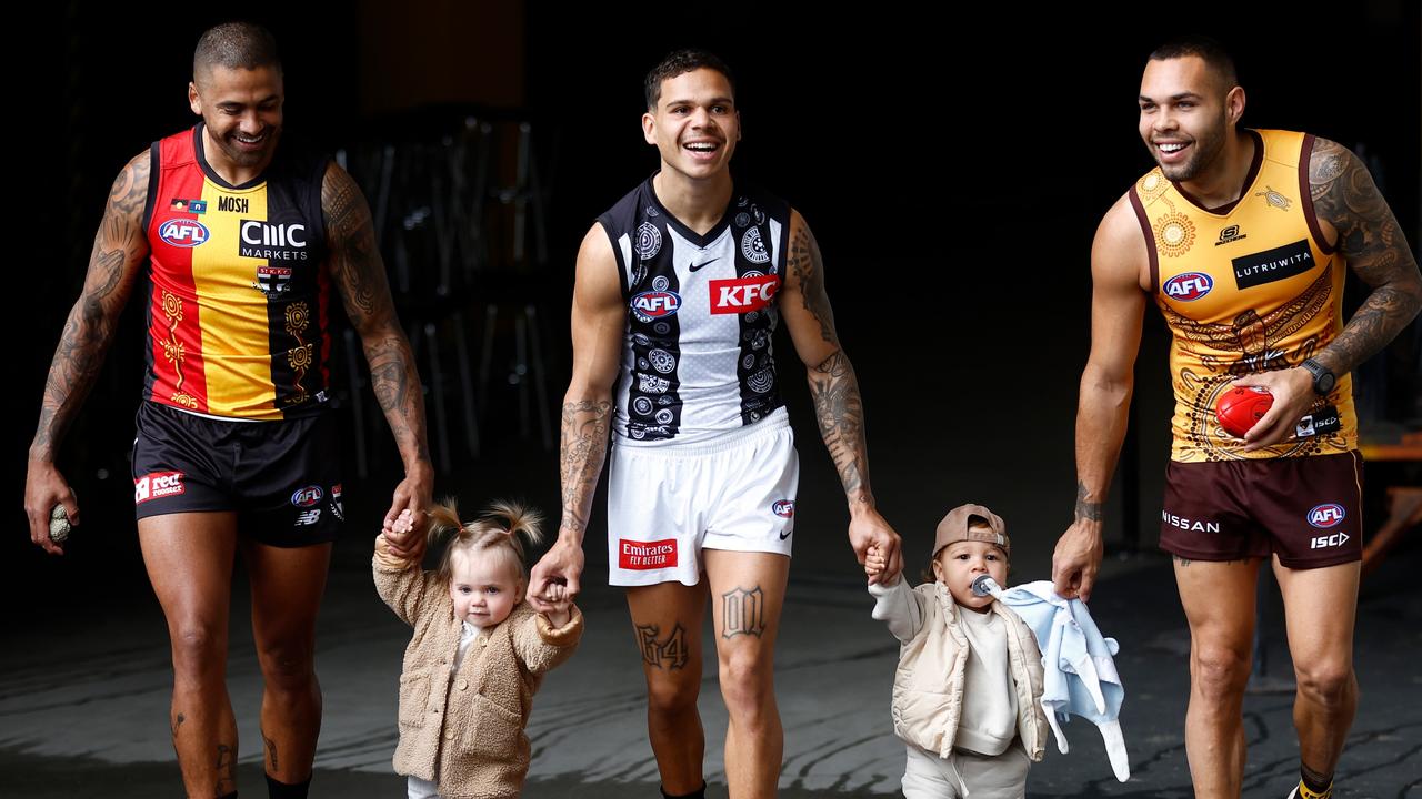 (L-R) Bradley Hill with daughter Harriet, Bobby Hill with son Bobby and Jarman Impey are during the 2023 Sir Doug Nicholls Round Launch. (Photo by Michael Willson/AFL Photos via Getty Images)