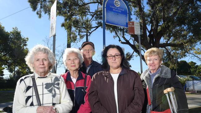 Barbara Coorey (second from right) with residents Anne Nolan, Barry Ewels, Wilma Hanson and Dulcie Keesing in Tobruk Ave, Belmore. Picture: Simon Bullard