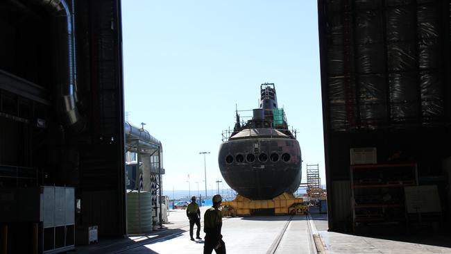 HMAS Collins about to begin maintenance checks at ASC’s shipyards at Osborne.