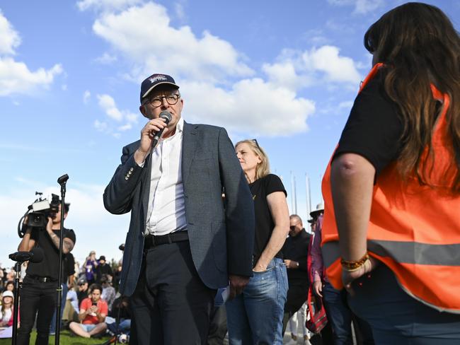 April 28, 2024: Prime Minister Anthony Albanese speaking with No More! event organiser Sarah Williams during the National Rally Against Violence: NCA NewsWire / Martin Ollman