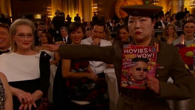 Margaret Cho, playing a North Korean entertainment reporter, wanted a photo with Meryl. Picture: Golden Globes