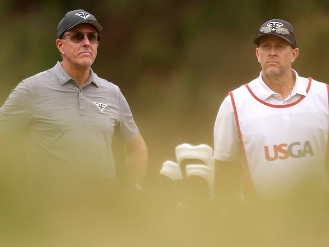 LOS ANGELES, CALIFORNIA - JUNE 16: Phil Mickelson of the United States and his caddie Tim Mickelson on the seventh tee during the second round of the 123rd U.S. Open Championship at The Los Angeles Country Club on June 16, 2023 in Los Angeles, California. (Photo by Sean M. Haffey/Getty Images)