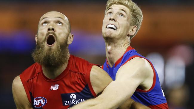 Max Gawn and Tim English of the Bulldogs contest the ruck during the AFL Community Series match at Marvel Stadium in early March. Picture: Getty Images