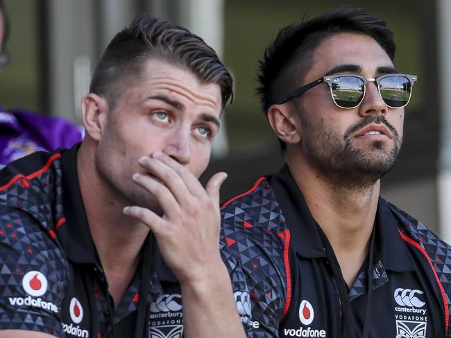 AUCKLAND, NEW ZEALAND - FEBRUARY 04: Kieran Foran (L) and Shaun Johnson of the Warriors look on during the 2017 Auckland Nines match between the New Zealand Warriors and the Parramatta Eels at Eden Park on February 4, 2017 in Auckland, New Zealand. (Photo by Simon Watts/Getty Images)