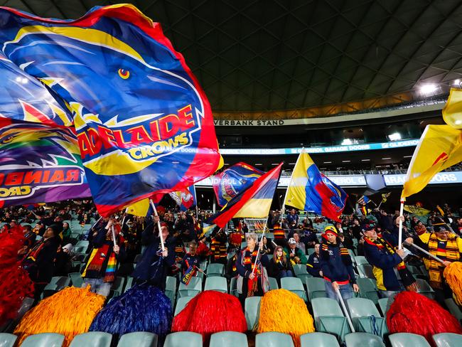 ADELAIDE, AUSTRALIA - JULY 20: The Adelaide Crows cheer squad is pictured during the round 7 AFL match between the Adelaide Crows and the St Kilda Saints at Adelaide Oval on July 20, 2020 in Adelaide, Australia. (Photo by Daniel Kalisz/Getty Images)