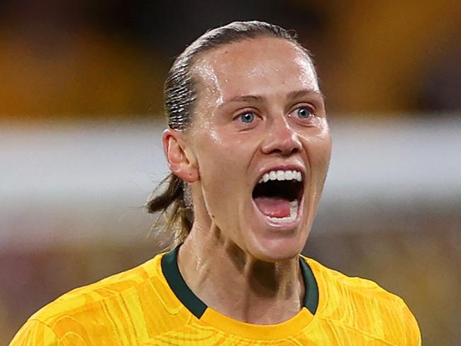 BRISBANE, AUSTRALIA - JULY 27: Emily Van-Egmond of Australia celebrates after scoring her team's first goal during the FIFA Women's World Cup Australia & New Zealand 2023 Group B match between Australia and Nigeria at Brisbane Stadium on July 27, 2023 in Brisbane / Meaanjin, Australia. (Photo by Elsa - FIFA/FIFA via Getty Images)