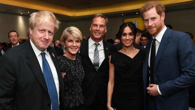 Boris Johnson and Julie Bishop with Bishop’s partner David Panton, Meghan Markle and Prince Harry. Picture: Andrew Parsons/i-Images