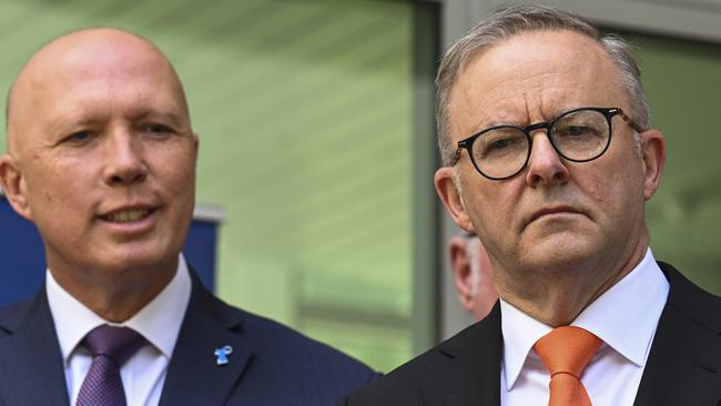 CANBERRA, AUSTRALIA - NOVEMBER 24: Leader of the Opposition Peter Dutton and Prime Minister, Anthony Albanese attends the Prostate Cancer Foundation of Australia's Parliamentary Big Aussie Barbie at Parliament House in Canberra. Picture: NCA NewsWire / Martin Ollman