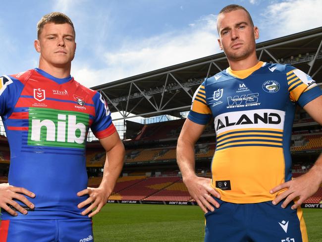 BRISBANE, AUSTRALIA - SEPTEMBER 06: (L-R) Newcastle Knights captain Jayden Brailey and Parramatta Eels captain Clint Gutherson pose for photos during the 2021 NRL Finals series launch at Suncorp Stadium on September 06, 2021 in Brisbane, Australia. (Photo by Dan Peled/Getty Images)