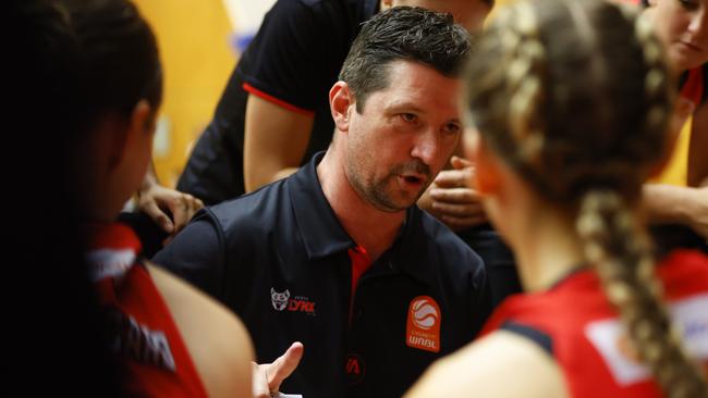 Ryan Petrik Head Coach of the Lynx talks to the players during the round two WNBL match between Perth Lynx and Townsville Fire at Bendat Basketball Stadium, on November 06, 2024, in Perth, Australia. (Photo by James Worsfold/Getty Images)