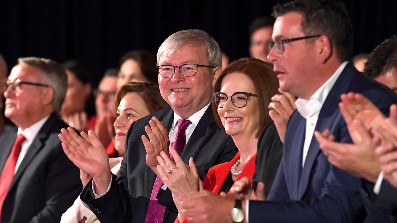 Former Prime Ministers Kevin Rudd and Julia Gillard greet the crowd during the Labor Campaign Launch on May 05, 2019 in Brisbane, Australia. Picture: Getty Images