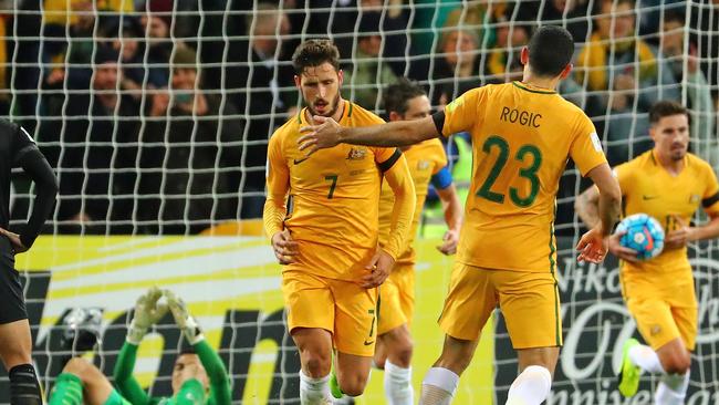 Mathew Leckie of the Socceroos reacts after scoring their second goal