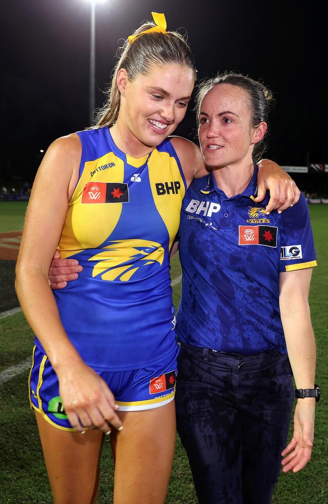 Georgie Cleaver shares a moment with Daisy Pearce after winning the match. Picture: Getty Images