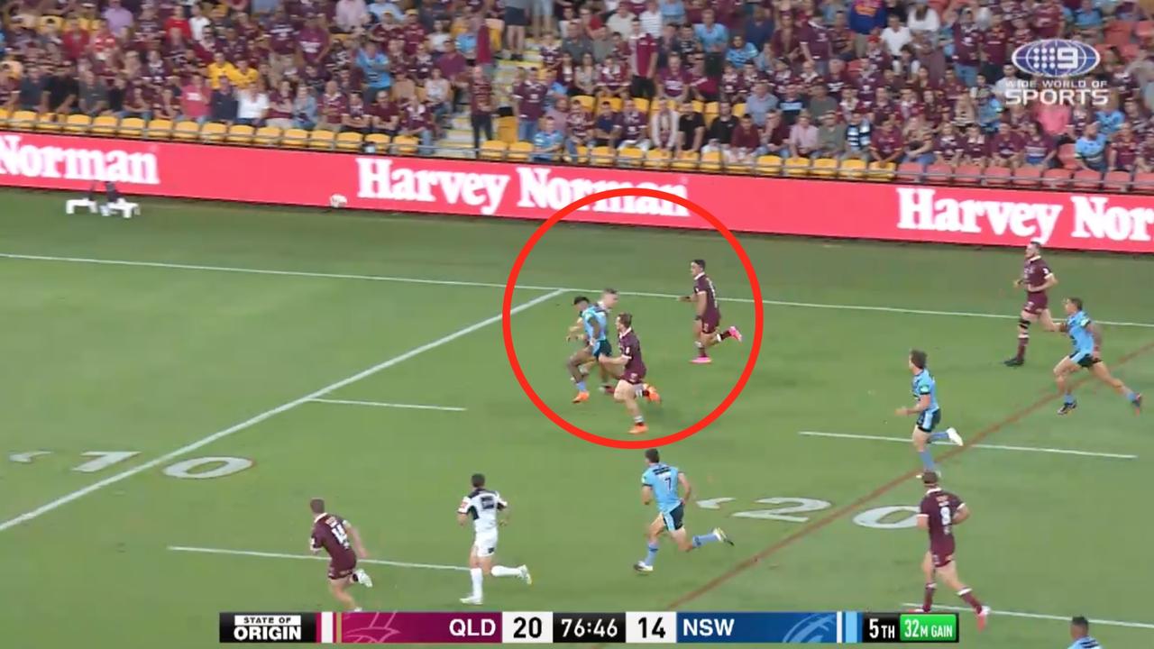 Josh Addo-Carr is clearly closest to the ball when he's taken out by Corey Allan.