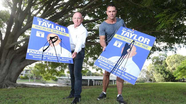 Photo at Albert Waterways Community Centre of Paul Taylor and his son Darren Taylor who last night made a citizens arrest of a bloke who has been defacing his election signs. Pic by Richard Gosling