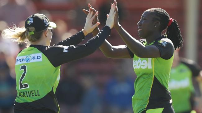 Stafanie Taylor celebrates taking the wicket of Ash Gardner. Pic: Getty Images