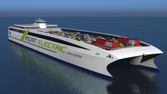 Artist’s impression of a new electric hybrid vessel developed by Incat with ABB, a company based in Switzerland. Picture: Supplied