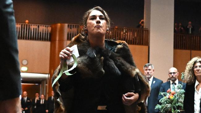 CANBERRA, AUSTRALIA - NewsWire Photos - 21 OCTOBER, 2024: Australian Senator Lidia Thorpe disrupts proceedings as Britain's King Charles III and Queen Camilla attend a Parliamentary reception at Parliament House in Canberra on October 21, 2024. Picture: NewsWire / POOL / Lukas Coch