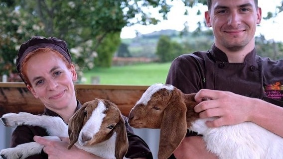 Yarra Valley Chocolaterie staff with Fudgy (right) and Cinnamon (left) as kids.