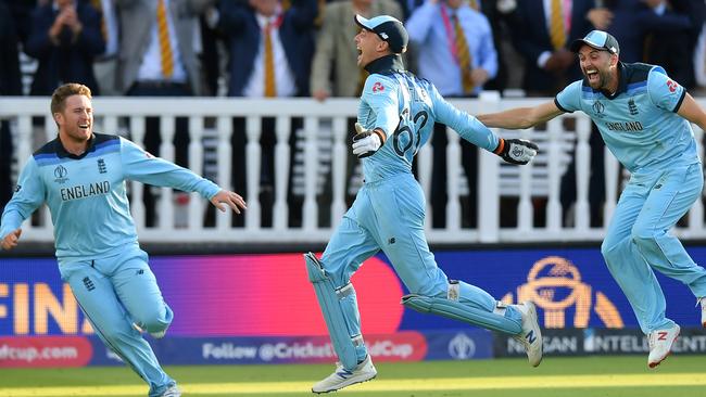 The moment of victory, as England seals its super over win against New Zealand in the Cricket World Cup final at Lord’s. Picture: Getty Images