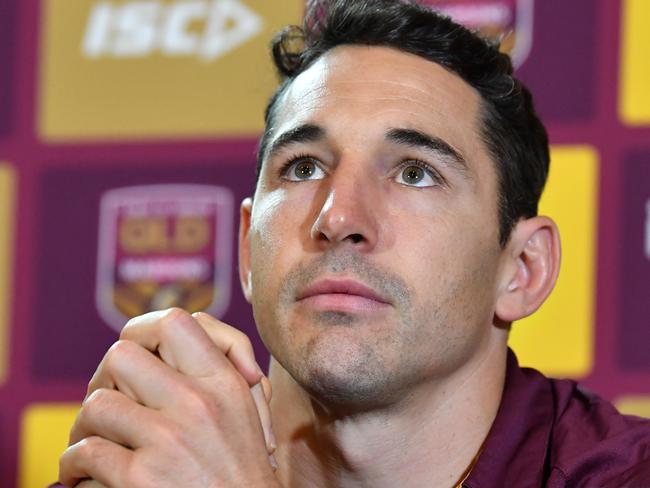 Billy Slater is seen at a media conference to announce his retirement from representative football at the end of the Origin series during a Queensland State of Origin team media call at Rydges South Bank in Brisbane, Tuesday, May 29, 2018. Queensland are in camp to prepare for game one of the 2018 State of Origin series against New South Wales. (AAP Image/Darren England) NO ARCHIVING, EDITORIAL USE ONLY