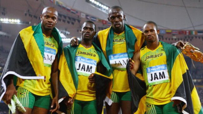 Asafa Powell, Nesta Carter, Usain Bolt and Michael Frater won in Beijing for Jamaica.
