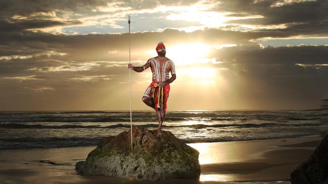 Aboriginal dancer Jay Thompson remembers his ancestors history. Picture Glenn Hampson