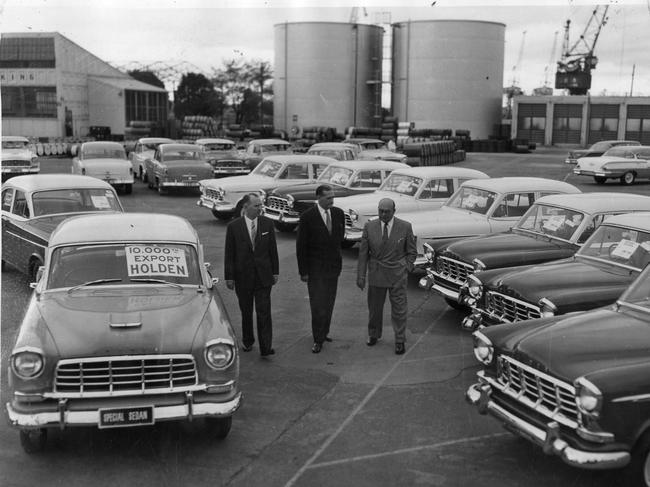 The 10,00th Holden to be exported from Australia since November 1954, rolled off the assembly line at General Motors-Holden's plant at Fishermans Bend, October 1958. Picture: Herald Sun