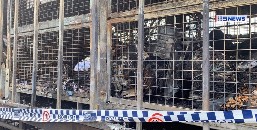 The remains of an Australia Post semi-trailer after it caught alight on Tuesday night. Picture: NINE NEWS