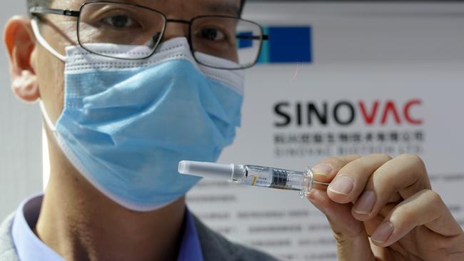 A Sinovac Biotech booth displays a COVID-19 vaccine candidate during the 2020 China International Fair for Trade in Services at Beijing Olympic Park. Picture: Getty Images