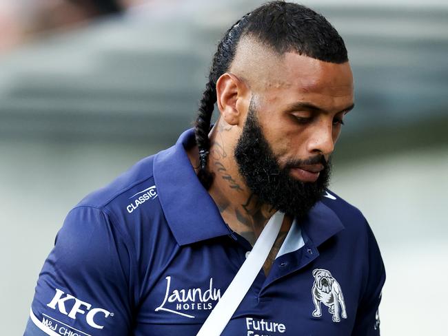 SYDNEY, AUSTRALIA - MARCH 09: Josh Addo-Carr of the Bulldogs stands on the side-line with his arm in a sling during the round one NRL match between Parramatta Eels and Canterbury Bulldogs at CommBank Stadium, on March 09, 2024, in Sydney, Australia. (Photo by Brendon Thorne/Getty Images)